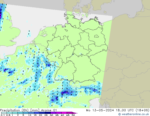 Totale neerslag (6h) Arome 01 ma 13.05.2024 00 UTC
