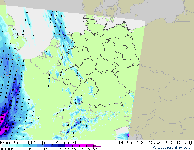 Precipitation (12h) Arome 01 Út 14.05.2024 06 UTC