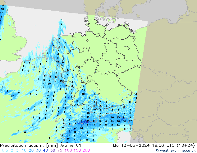 Precipitation accum. Arome 01 Mo 13.05.2024 18 UTC