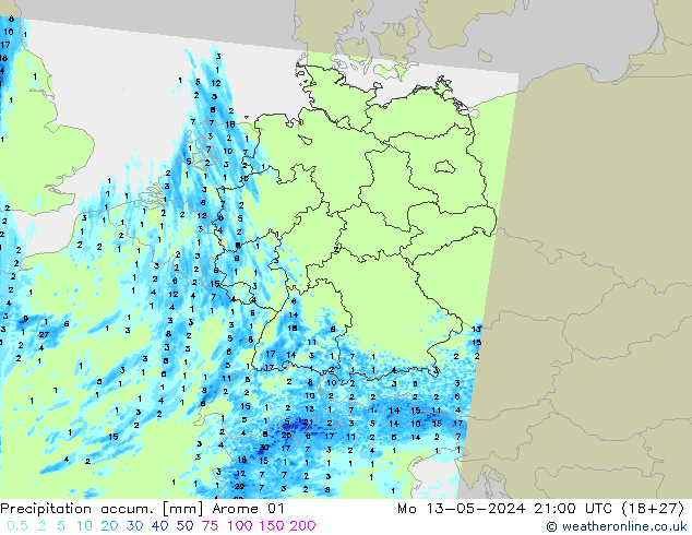 Precipitation accum. Arome 01  13.05.2024 21 UTC