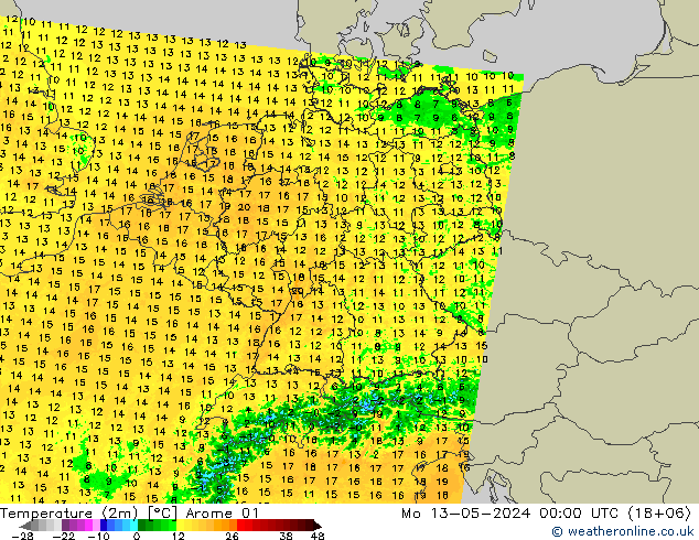 Temperatuurkaart (2m) Arome 01 ma 13.05.2024 00 UTC