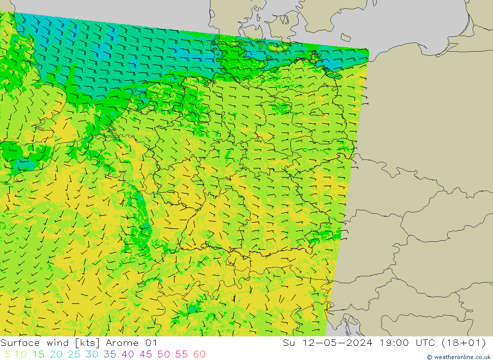 wiatr 10 m Arome 01 nie. 12.05.2024 19 UTC