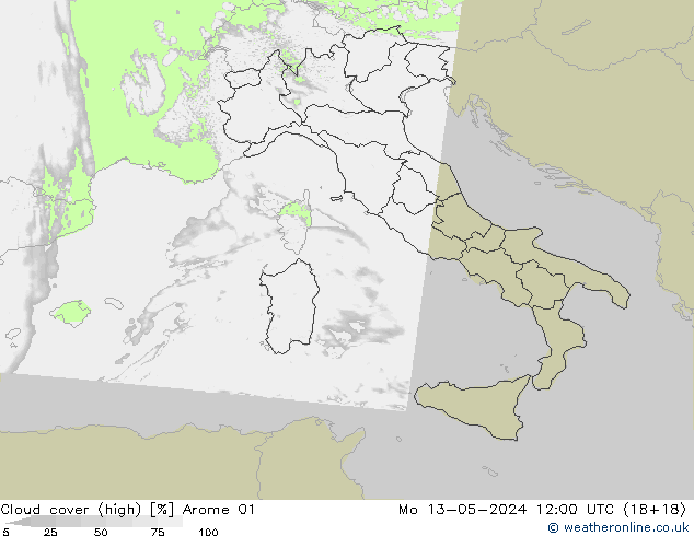 Cloud cover (high) Arome 01 Mo 13.05.2024 12 UTC