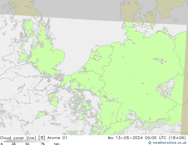 Cloud cover (low) Arome 01 Mo 13.05.2024 00 UTC