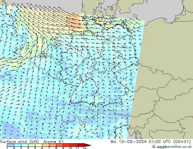 Surface wind (bft) Arome 01 Mo 13.05.2024 01 UTC