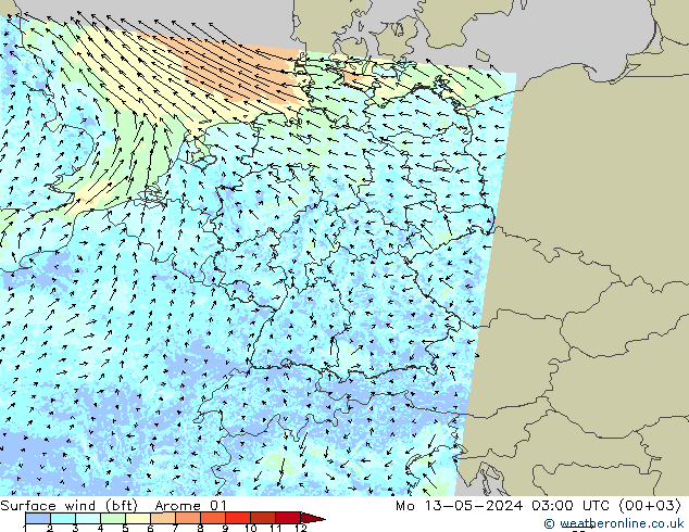 Surface wind (bft) Arome 01 Mo 13.05.2024 03 UTC
