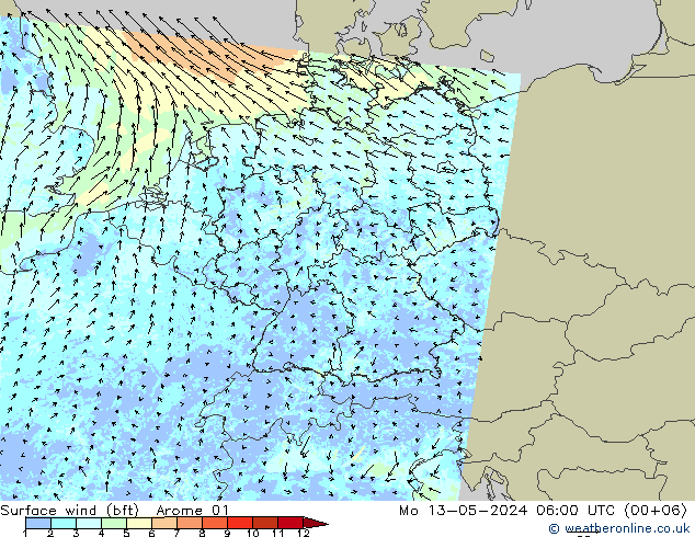 Surface wind (bft) Arome 01 Po 13.05.2024 06 UTC