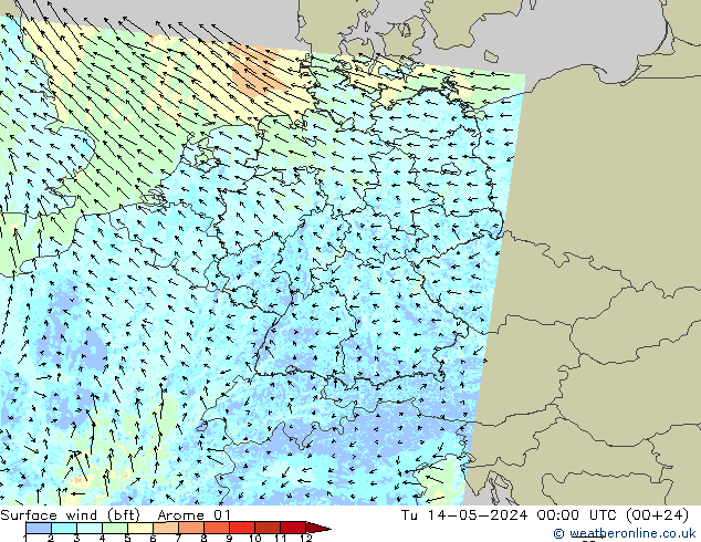 Surface wind (bft) Arome 01 Tu 14.05.2024 00 UTC