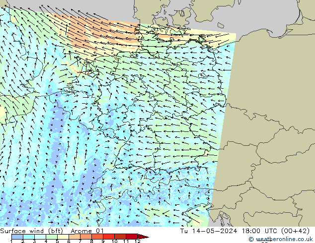 Viento 10 m (bft) Arome 01 mar 14.05.2024 18 UTC