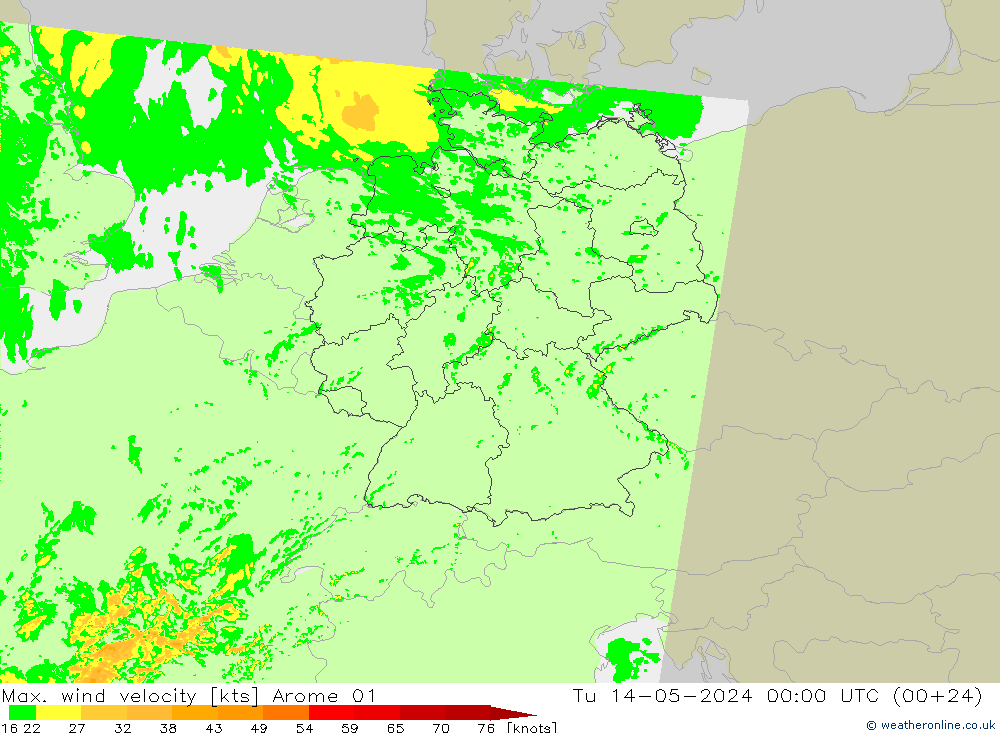 Maks. Rüzgar Hızı Arome 01 Sa 14.05.2024 00 UTC