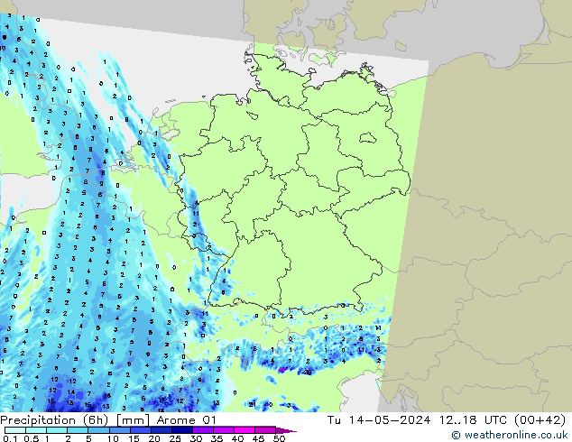 Yağış (6h) Arome 01 Sa 14.05.2024 18 UTC