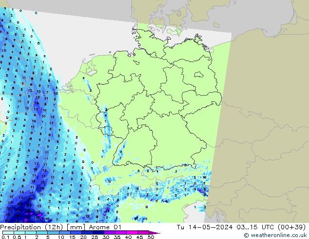 Precipitation (12h) Arome 01 Tu 14.05.2024 15 UTC