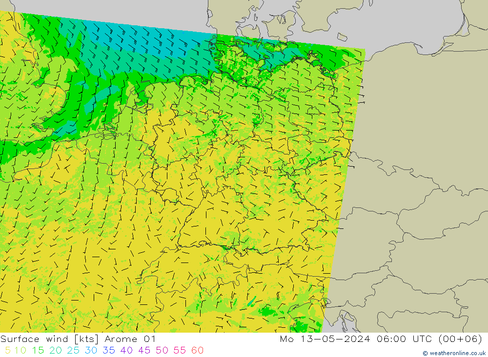 Viento 10 m Arome 01 lun 13.05.2024 06 UTC