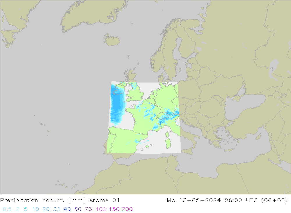 Totale neerslag Arome 01 ma 13.05.2024 06 UTC