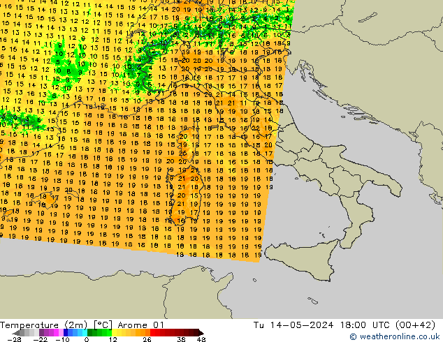 Temperaturkarte (2m) Arome 01 Di 14.05.2024 18 UTC