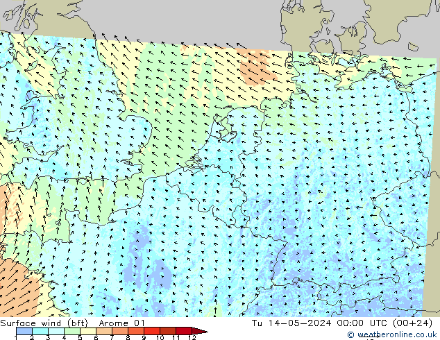 Bodenwind (bft) Arome 01 Di 14.05.2024 00 UTC