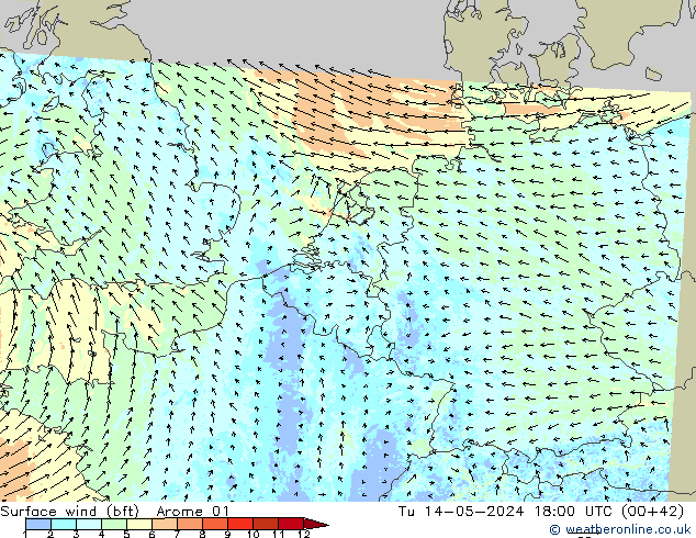 Surface wind (bft) Arome 01 Tu 14.05.2024 18 UTC