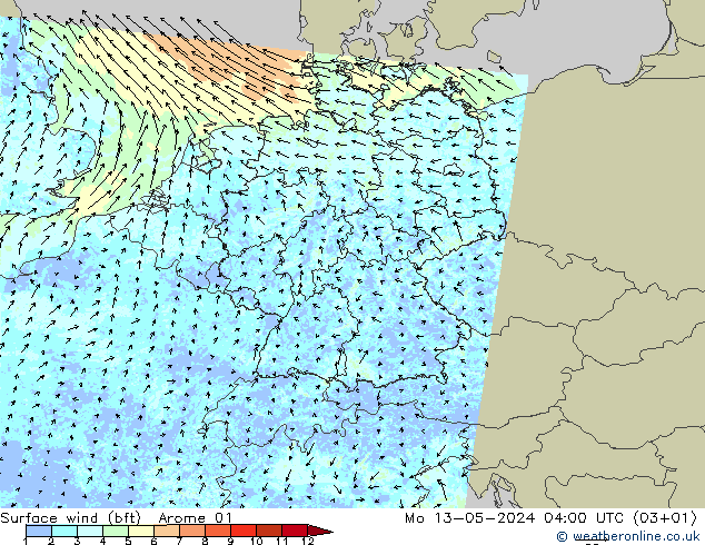 Surface wind (bft) Arome 01 Mo 13.05.2024 04 UTC