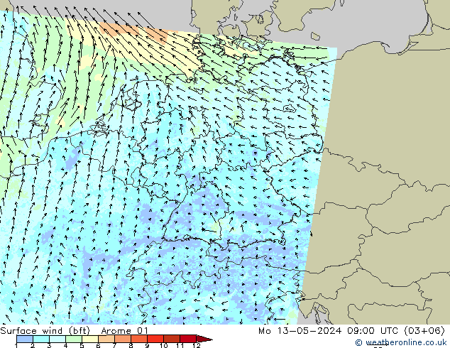 Wind 10 m (bft) Arome 01 ma 13.05.2024 09 UTC