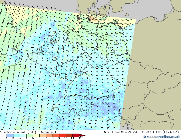Rüzgar 10 m (bft) Arome 01 Pzt 13.05.2024 15 UTC
