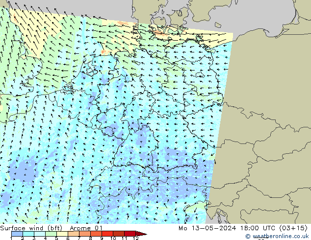 Surface wind (bft) Arome 01 Mo 13.05.2024 18 UTC