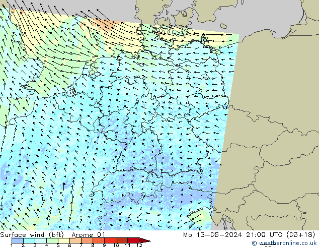 Bodenwind (bft) Arome 01 Mo 13.05.2024 21 UTC