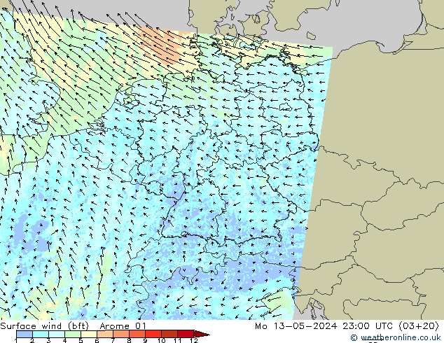 Surface wind (bft) Arome 01 Mo 13.05.2024 23 UTC