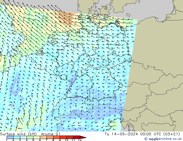 Vent 10 m (bft) Arome 01 mar 14.05.2024 00 UTC