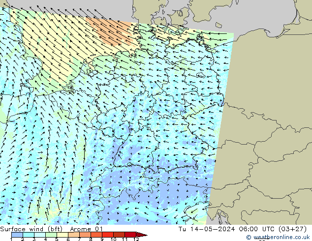 Bodenwind (bft) Arome 01 Di 14.05.2024 06 UTC