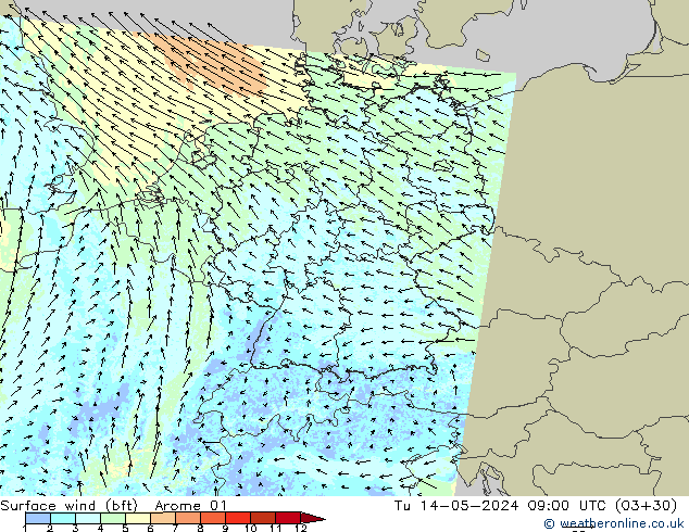 Surface wind (bft) Arome 01 Tu 14.05.2024 09 UTC