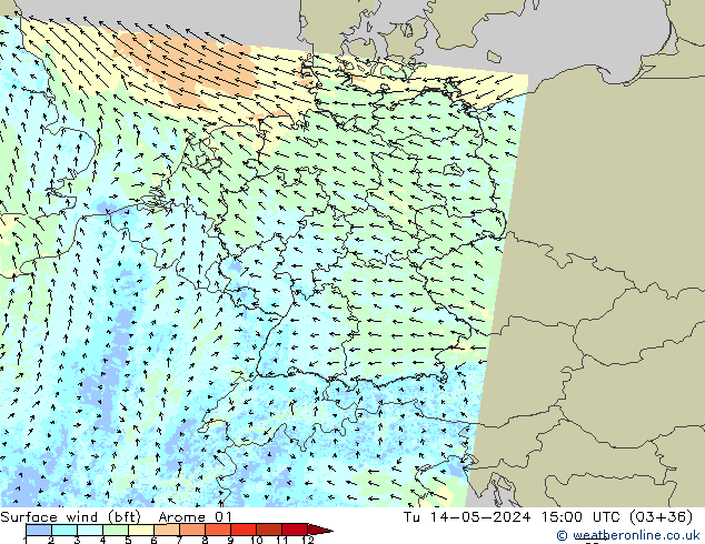 Wind 10 m (bft) Arome 01 di 14.05.2024 15 UTC