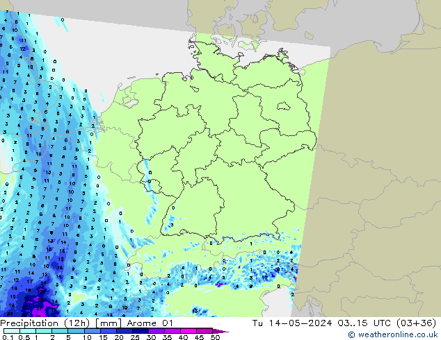 Totale neerslag (12h) Arome 01 di 14.05.2024 15 UTC