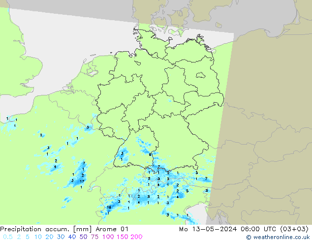 Precipitation accum. Arome 01 pon. 13.05.2024 06 UTC
