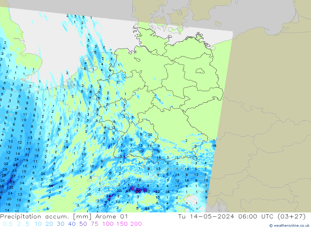 Precipitation accum. Arome 01 Tu 14.05.2024 06 UTC