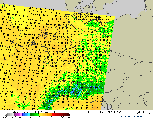 Temperaturkarte (2m) Arome 01 Di 14.05.2024 03 UTC