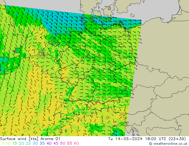 Vent 10 m Arome 01 mar 14.05.2024 18 UTC