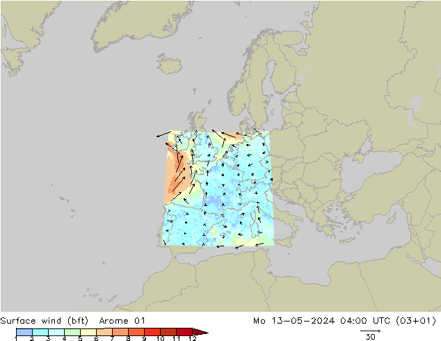 Wind 10 m (bft) Arome 01 ma 13.05.2024 04 UTC