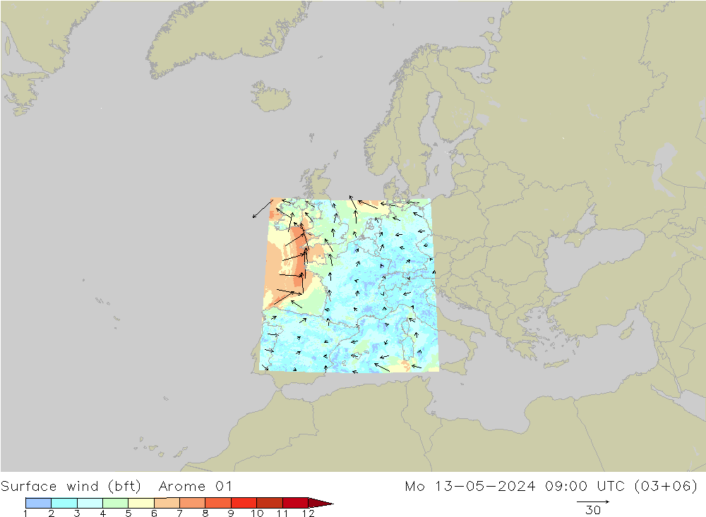 Wind 10 m (bft) Arome 01 ma 13.05.2024 09 UTC