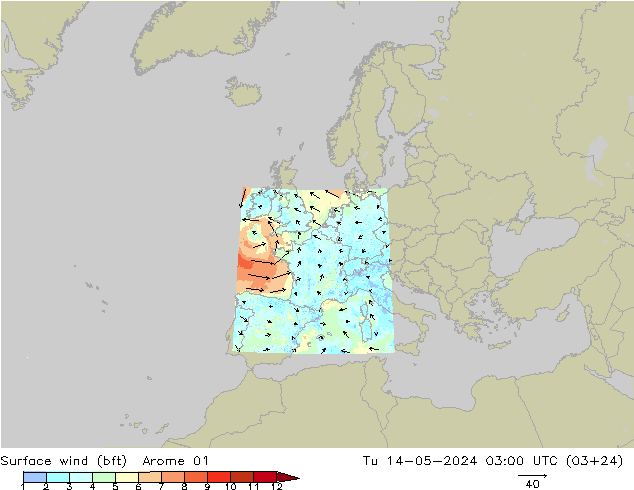 Wind 10 m (bft) Arome 01 di 14.05.2024 03 UTC