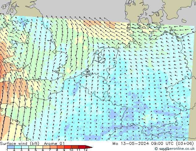 Surface wind (bft) Arome 01 Mo 13.05.2024 09 UTC