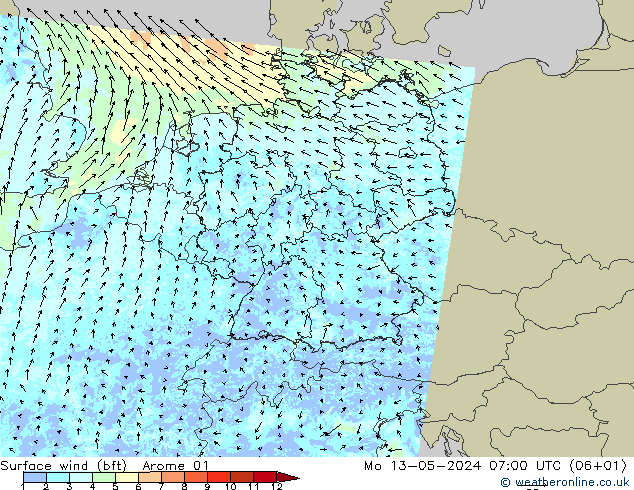 Wind 10 m (bft) Arome 01 ma 13.05.2024 07 UTC