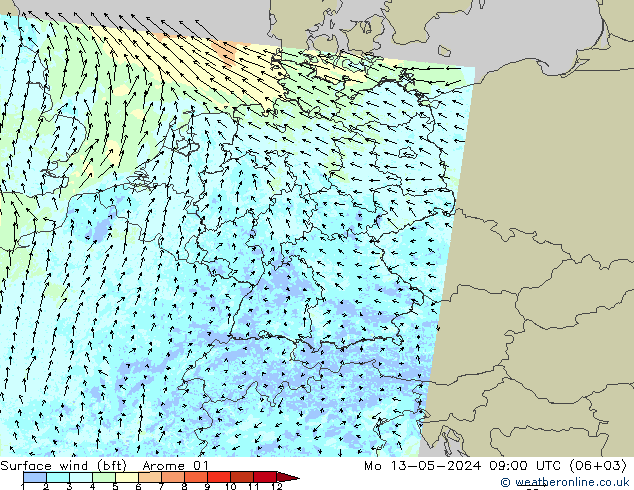 Viento 10 m (bft) Arome 01 lun 13.05.2024 09 UTC