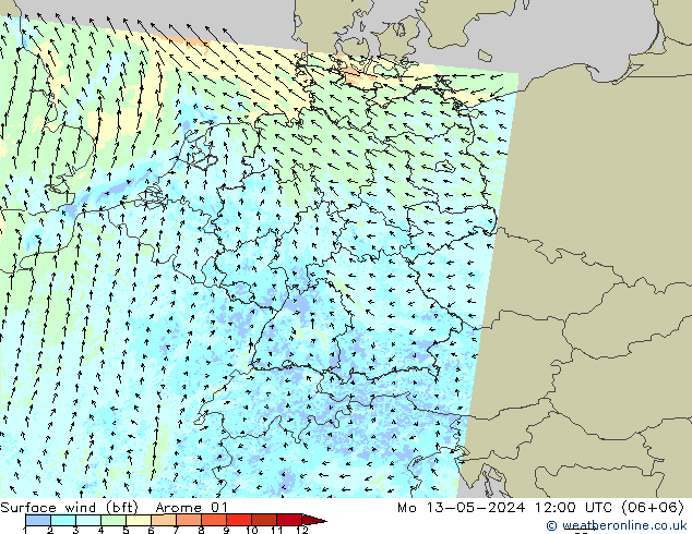 wiatr 10 m (bft) Arome 01 pon. 13.05.2024 12 UTC