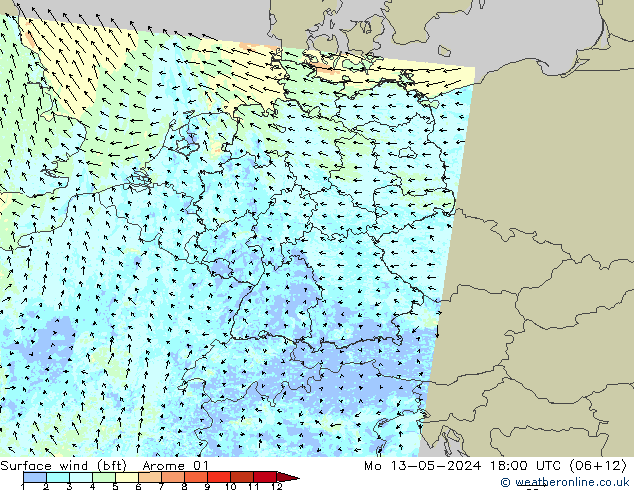 wiatr 10 m (bft) Arome 01 pon. 13.05.2024 18 UTC