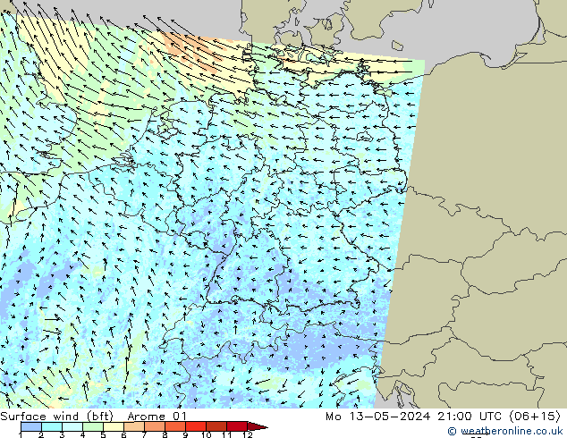 Wind 10 m (bft) Arome 01 ma 13.05.2024 21 UTC