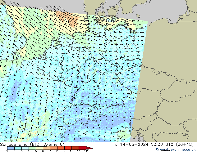 Rüzgar 10 m (bft) Arome 01 Sa 14.05.2024 00 UTC