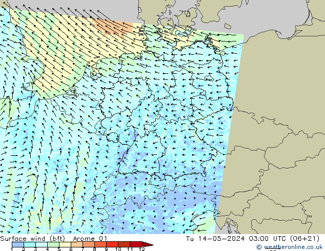 Surface wind (bft) Arome 01 Tu 14.05.2024 03 UTC