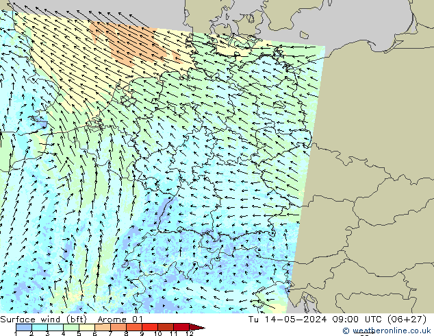 Bodenwind (bft) Arome 01 Di 14.05.2024 09 UTC