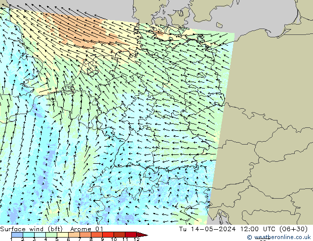 Surface wind (bft) Arome 01 Út 14.05.2024 12 UTC