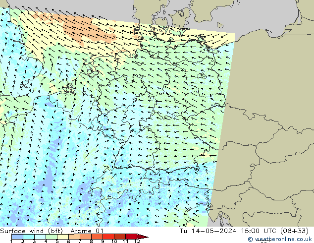 Rüzgar 10 m (bft) Arome 01 Sa 14.05.2024 15 UTC